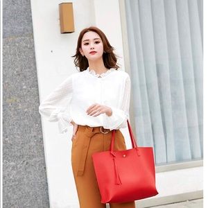 Red Women's Soft Leather Tote Shoulder Bag